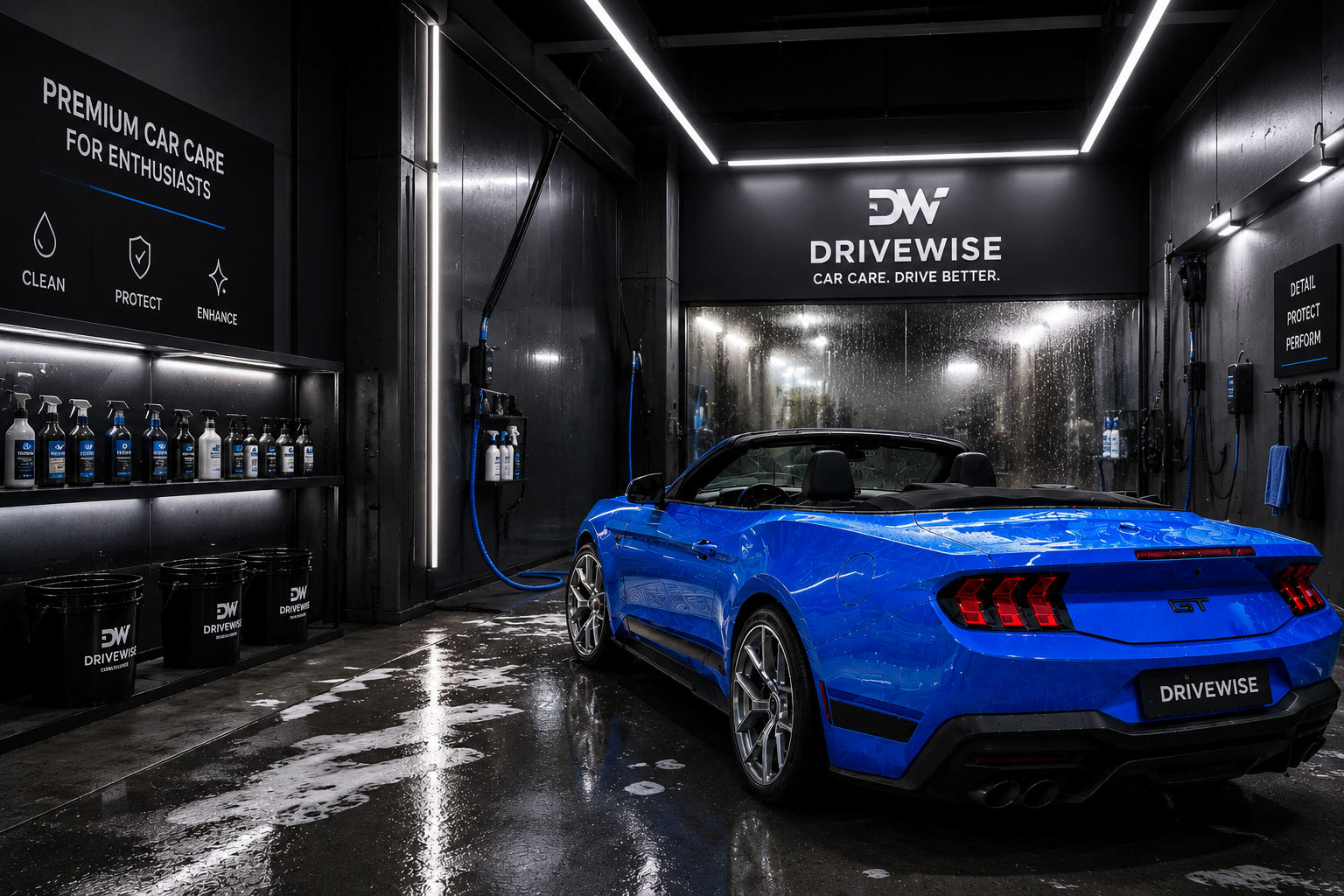 DriveWise Car-Care-Studio mit blauem Mustang Cabrio