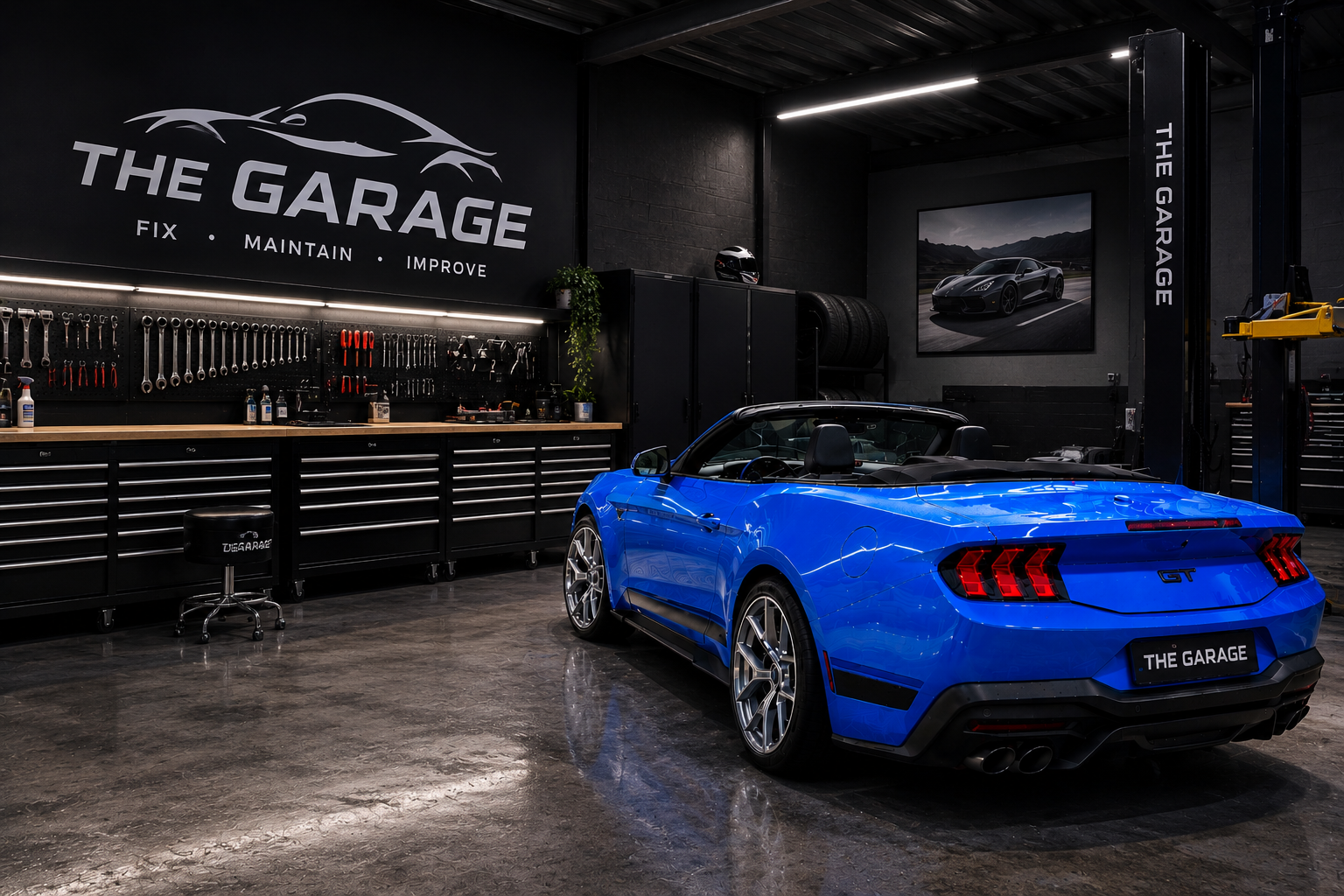 Blaue Mustang Cabrio in einer modernen Garage